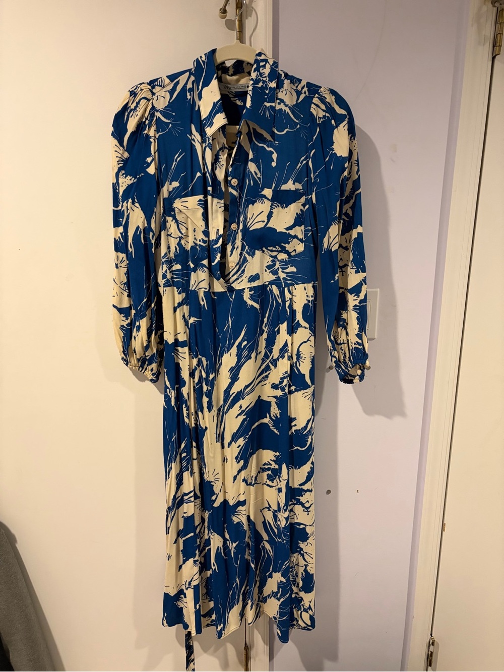 Zara Blue and Cream Abstract Brushstroke Midi Dress